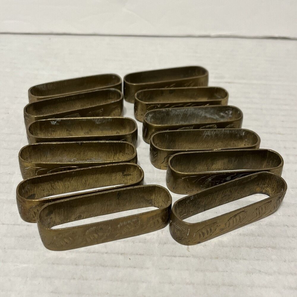 Sarna Brass India Etched Napkin Holders 12 Flat Rings 2.25 inches Hand Made Gold